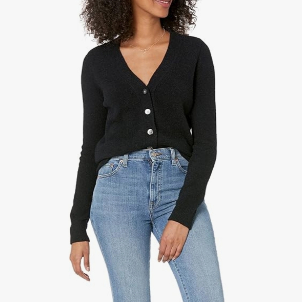 Staples by The Drop Women's Francine V-Neck Button Front Cozy Cardigan ~ Black